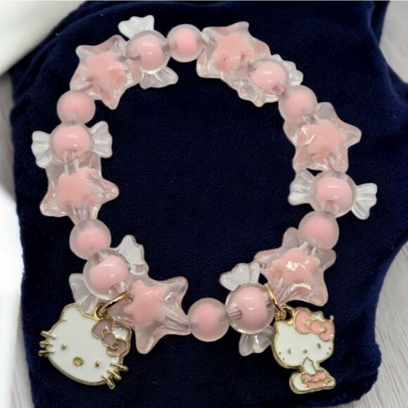 Hello Kitty Pink Resin Beaded Charm Bracelet Pendant Cat Stretchy Band Jewelry - Picture 4 of 4